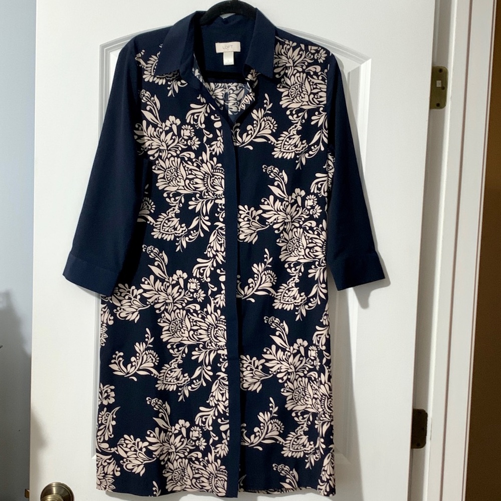 LOFT Navy Blue and Cream Long Sleeve Floral Shirt Dress